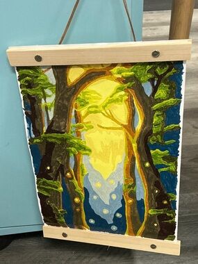 Forest Light Acrylic Wall Art Painting in Yellow and Green 11.5 by 8.5